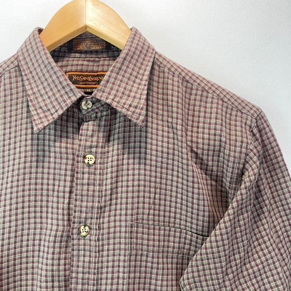VTG Yves Saint Laurent Sportswear Mens M Burgundy Green Check Button Down Shirt